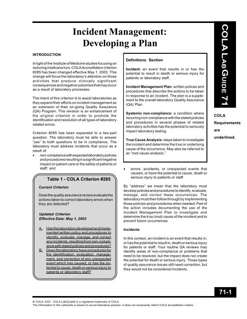 Incident Management: Developing a Plan - COLA