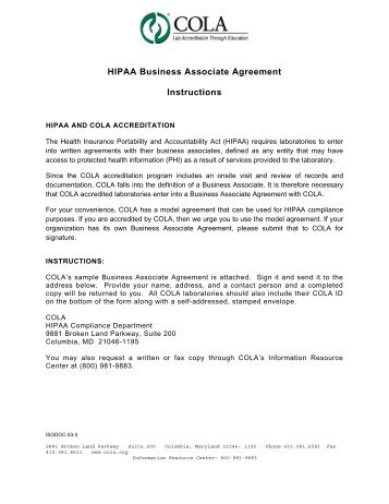 HIPAA Business Associate Agreement Instructions - COLA