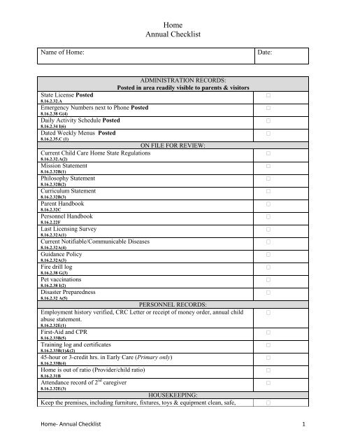 Child Care Home Check List (PDF) - New Mexico Kids