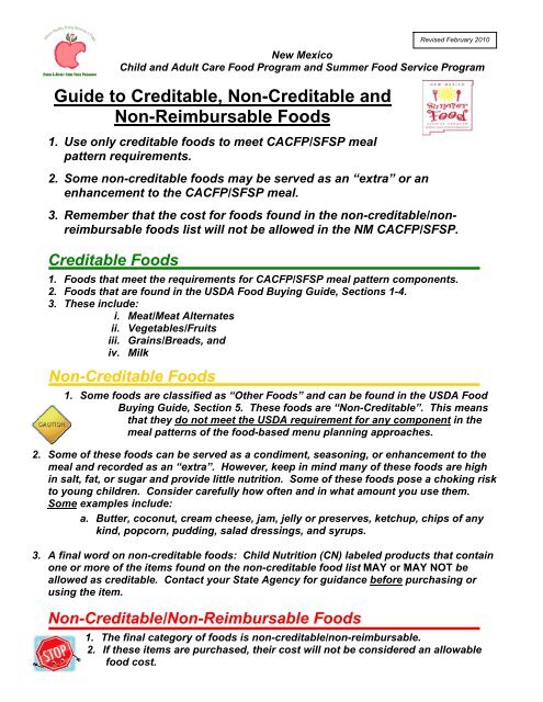 Guide to Creditable, Non-Creditable and Non-Reimbursable Foods