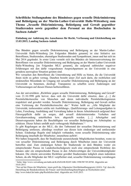 Schriftliche Stellungnahme des Bündnisses gegen sexuelle Belästigung und Diskriminierung an der MLU für die Anhörung im Landtag, 13.03.2015