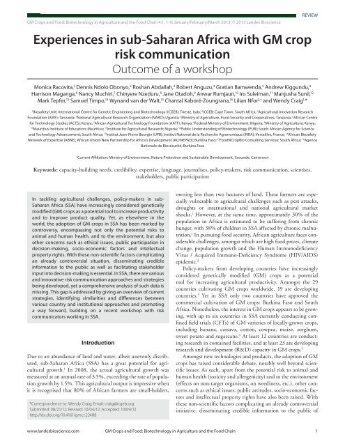 Experiences in sub-Saharan Africa with GM crop risk communication