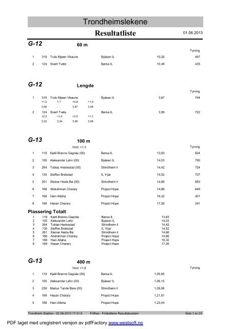 Resultater lÃ¸rdag - Trondheim Friidrett