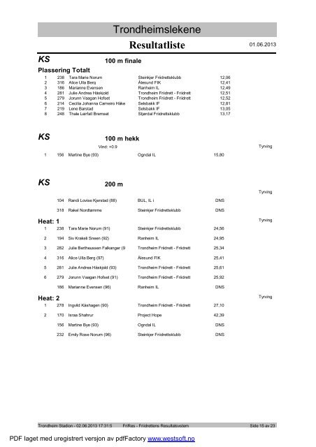 Resultater lÃ¸rdag - Trondheim Friidrett