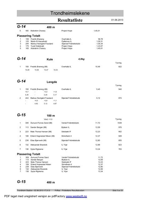 Resultater lÃ¸rdag - Trondheim Friidrett