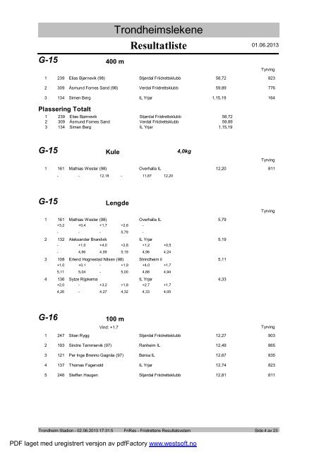 Resultater lÃ¸rdag - Trondheim Friidrett