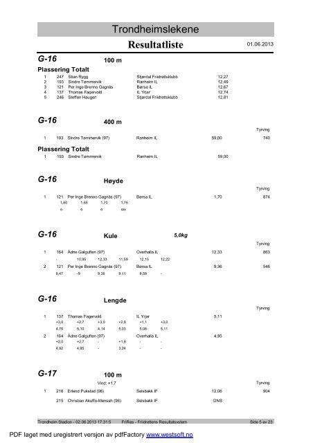 Resultater lÃ¸rdag - Trondheim Friidrett