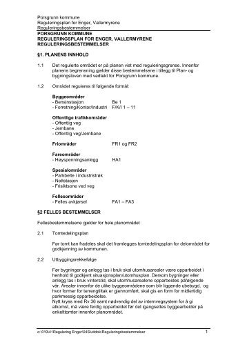 Porsgrunn kommune Reguleringsplan for Enger, Vallermyrene ...