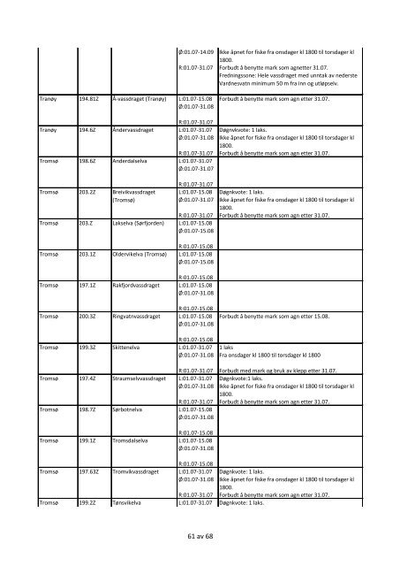 Tabell-forslag til regulering av fiske i vassdrag 2012