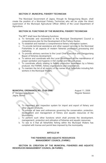 Jagna Modified Fishery Code of 2008