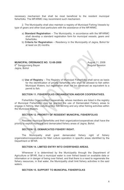 Jagna Modified Fishery Code of 2008