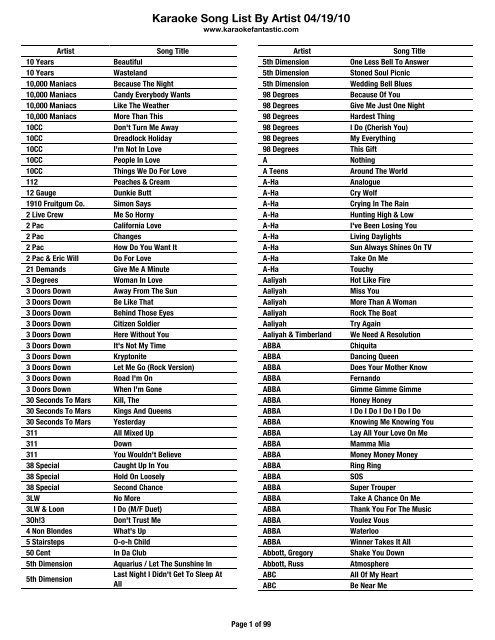 Karaoke Song List By Artist 04/19/10 - karaoke fantastic I