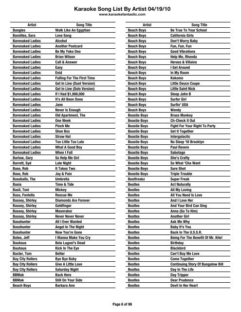 Karaoke Song List By Artist 04/19/10 - karaoke fantastic I