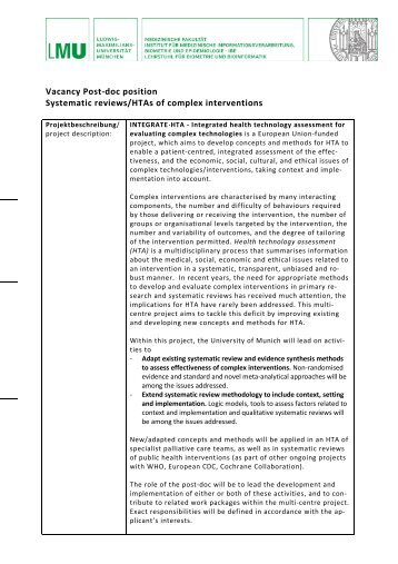 Vacancy Post-doc position Systematic reviews/HTAs of complex ...