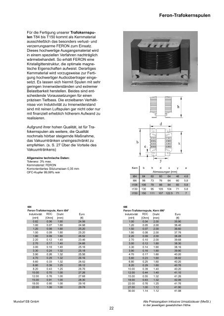 Produktinformationen und Preise Stand ... - Mundorf EB GmbH