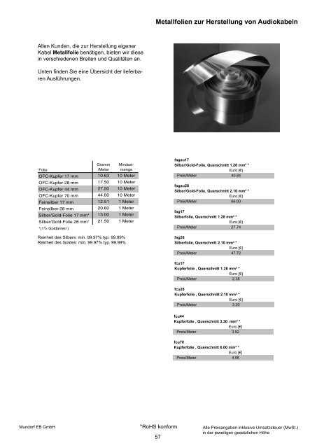 Produktinformationen und Preise Stand ... - Mundorf EB GmbH