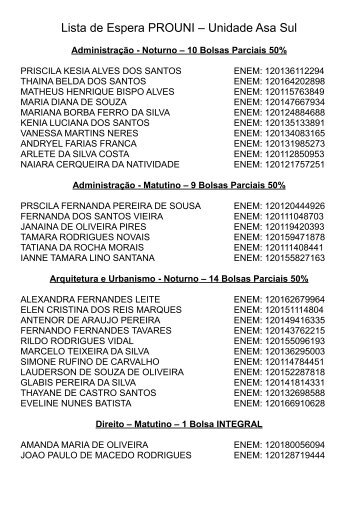 Lista de Espera PROUNI â Unidade Asa Sul - Unieuro