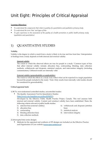 Unit Eight: Principles of Critical Appraisal - Cochrane Public Health ...