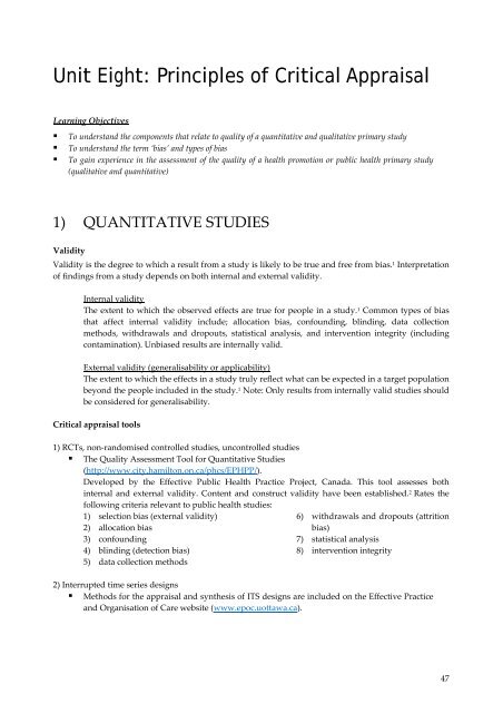 Unit Eight: Principles of Critical Appraisal - Cochrane Public Health ...