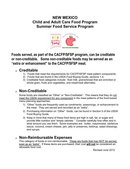 Guide to Creditable & Non-Creditable Foods (PDF) - New Mexico Kids