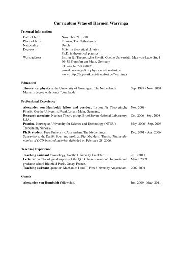 Curriculum Vitae of Harmen Warringa - Institut für Theoretische ...