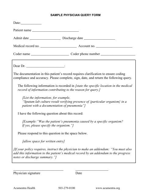 Sample physician query form - Acumentra Health