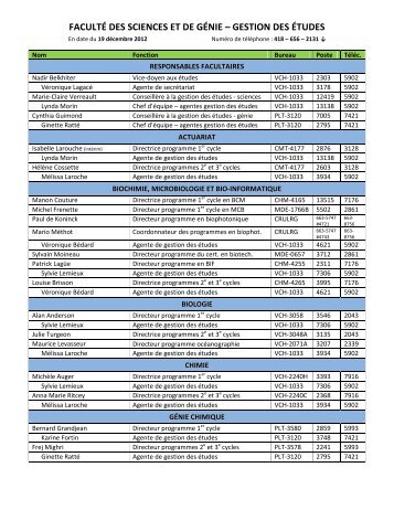 FACULTÃ DES SCIENCES ET DE GÃNIE â GESTION DES ÃTUDES