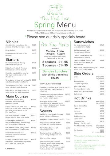 Spring Menu - The Red Lion, Long Compton