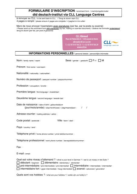 FORMULAIRE D'INSCRIPTION / enrolment form - Le CLL