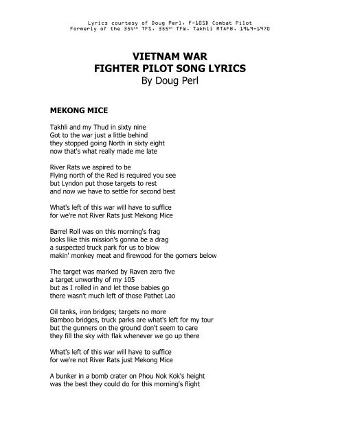 VIETNAM WAR FIGHTER PILOT SONG LYRICS By Doug Perl