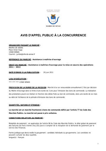 AVIS D'APPEL PUBLIC Ã LA CONCURRENCE - SÃ©nas