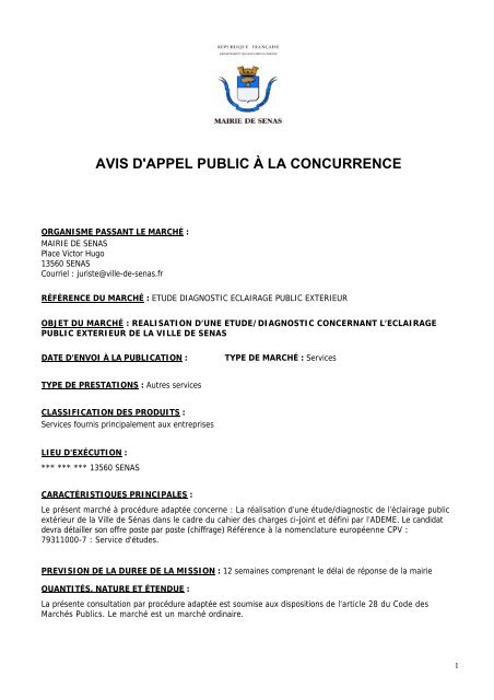 AVIS D'APPEL PUBLIC Ã LA CONCURRENCE - SÃ©nas