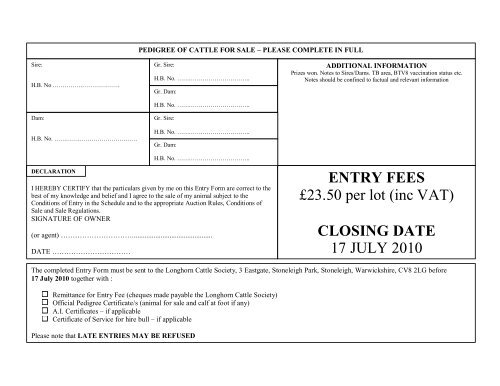 Entry form - Longhorn Cattle Society