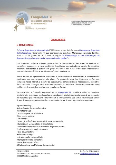 CIRCULAR NÂº 3 - CongreMet XI. Congreso Argentino de MeteorologÃ­a