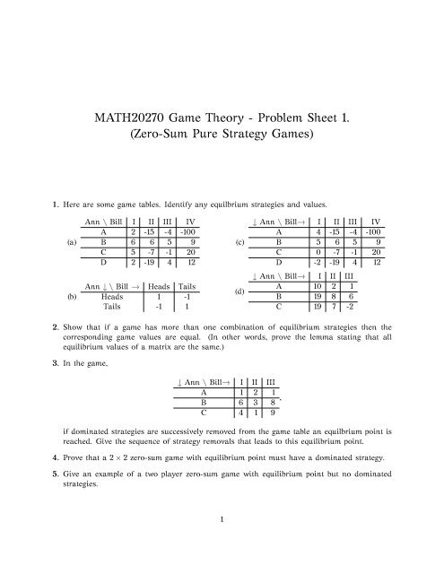 MATH20270 Game Theory - Problem Sheet 1. Zero-Sum Pure ...