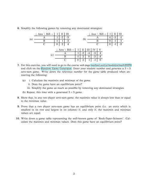 MATH20270 Game Theory - Problem Sheet 1. Zero-Sum Pure ...