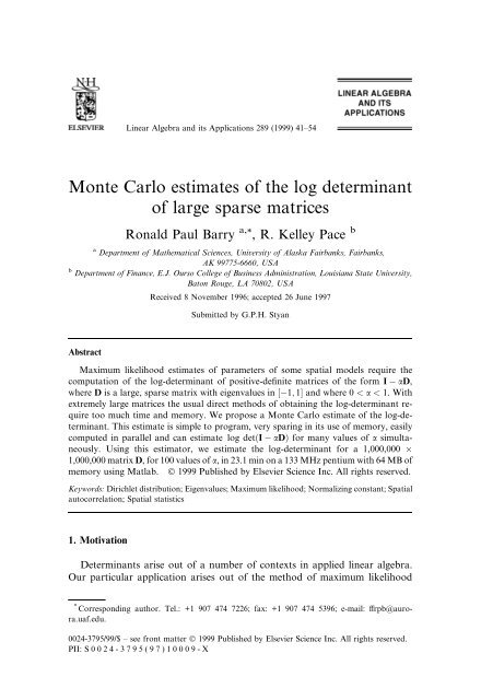 "Monte Carlo Estimates of the Log Determinant of ... - Spatial Statistics