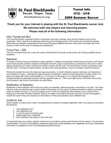 Tryout Info U12 â U18 2009 Summer Soccer - Blackhawks Soccer ...