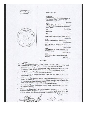 affidavit of Eddie Tarsie - Papua New Guinea Mine Watch