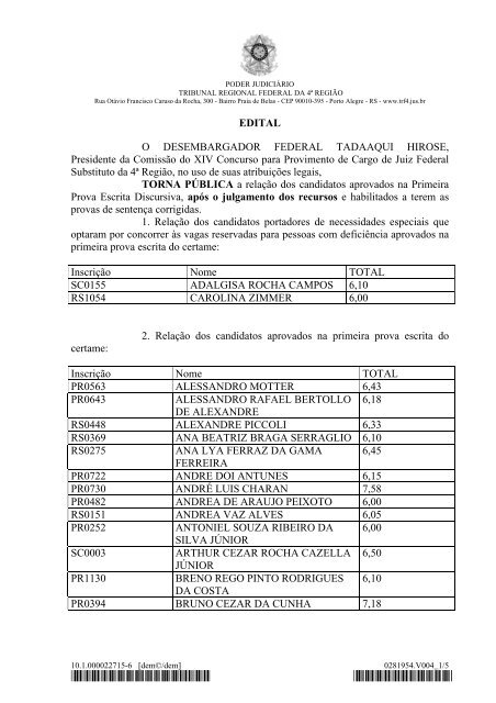 edital com o resultado - Tribunal Regional Federal da 4ª Região