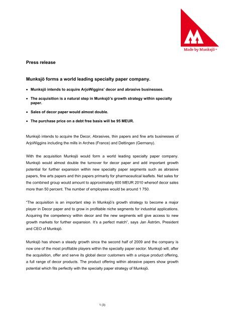 Press release Munksjö forms a world leading specialty ... - Munksjö AB