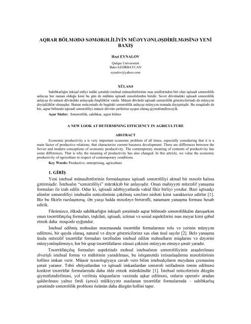 AQRAR BÖLMƏDƏ SƏMƏRƏLİLİYİN ... - Journal of Qafqaz University