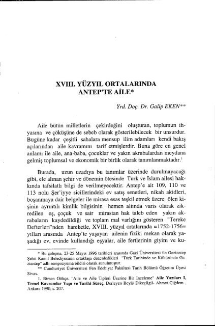 XVIII. YÃZYÄ±L ORTALARÄ±NDA ANTEP'TE AÄ°LE - Ankara Ãniversitesi ...