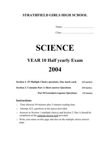 Year 10 Half Yearly Exam 2004 - Strathfield Girls High School