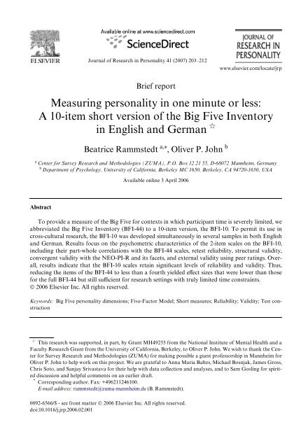 Measuring personality in one minute or less: A 10-item short ...