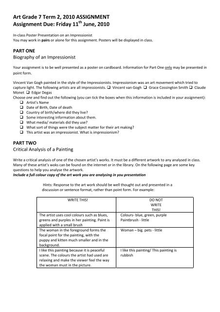 Art Grade 7 Term 2, 2010 ASSIGNMENT Assignment Due: Friday 11 ...