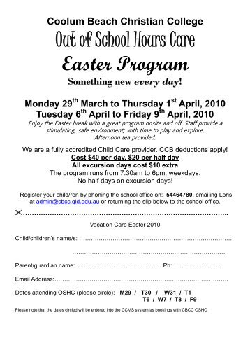 Out of School Hours Care Easter Program - Coolum Beach Christian ...