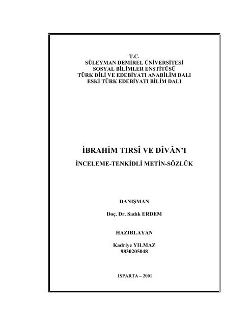 Ä°BRAHÄ°M TIRSÃ VE DÃVÃN'I - SÃ¼leyman Demirel Ãniversitesi