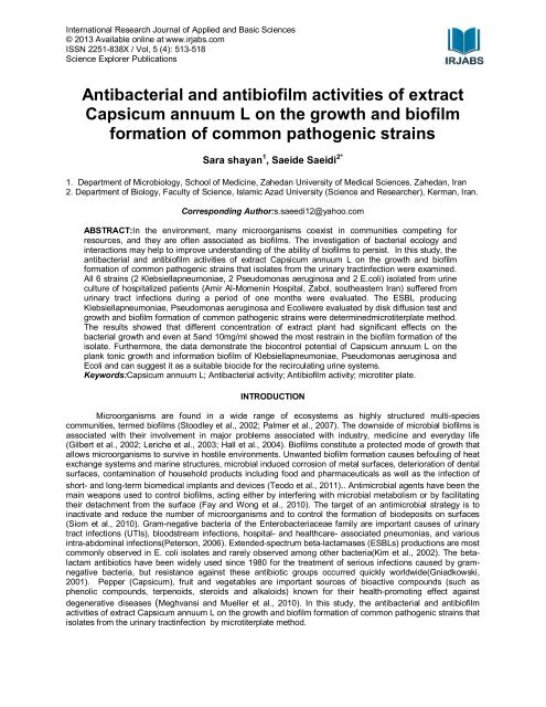 Antibacterial and antibiofilm activities of extract ... - irjabs.com