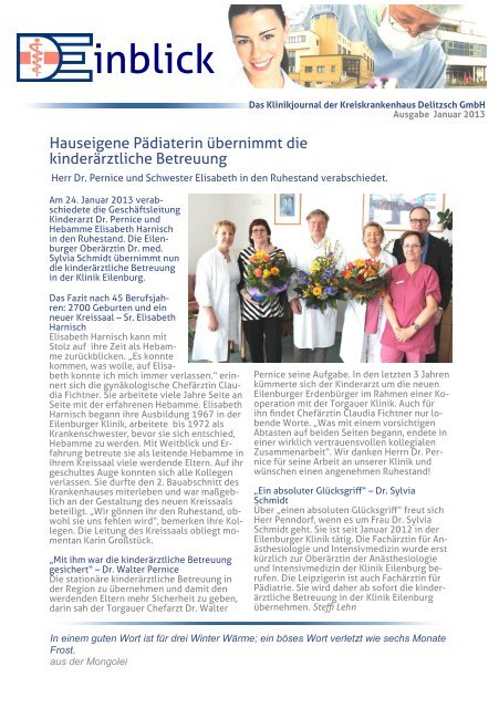 Einblick, Ausgabe Januar 2013 - Kreiskrankenhaus Delitzsch GmbH ...